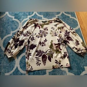 Ann Taylor Floral Crew Neck Sweater - Cream and Purple